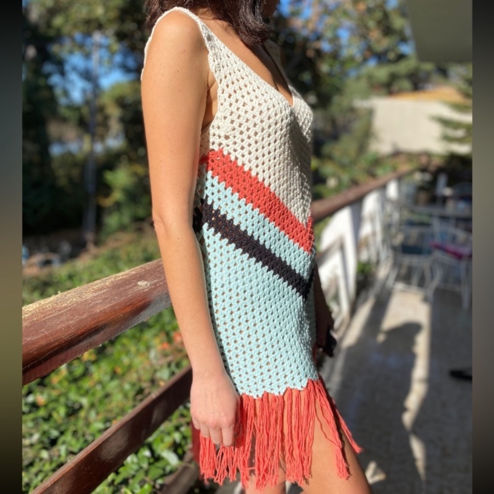 Handmade Cotton Fringe Multicolor Summer Crochet Dress - Picture 2 of 7